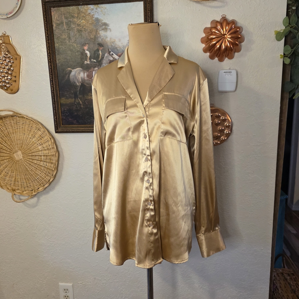 New York & Company Gold Satin Button-Down Blouse NWT Old Money Mobwife Luxury